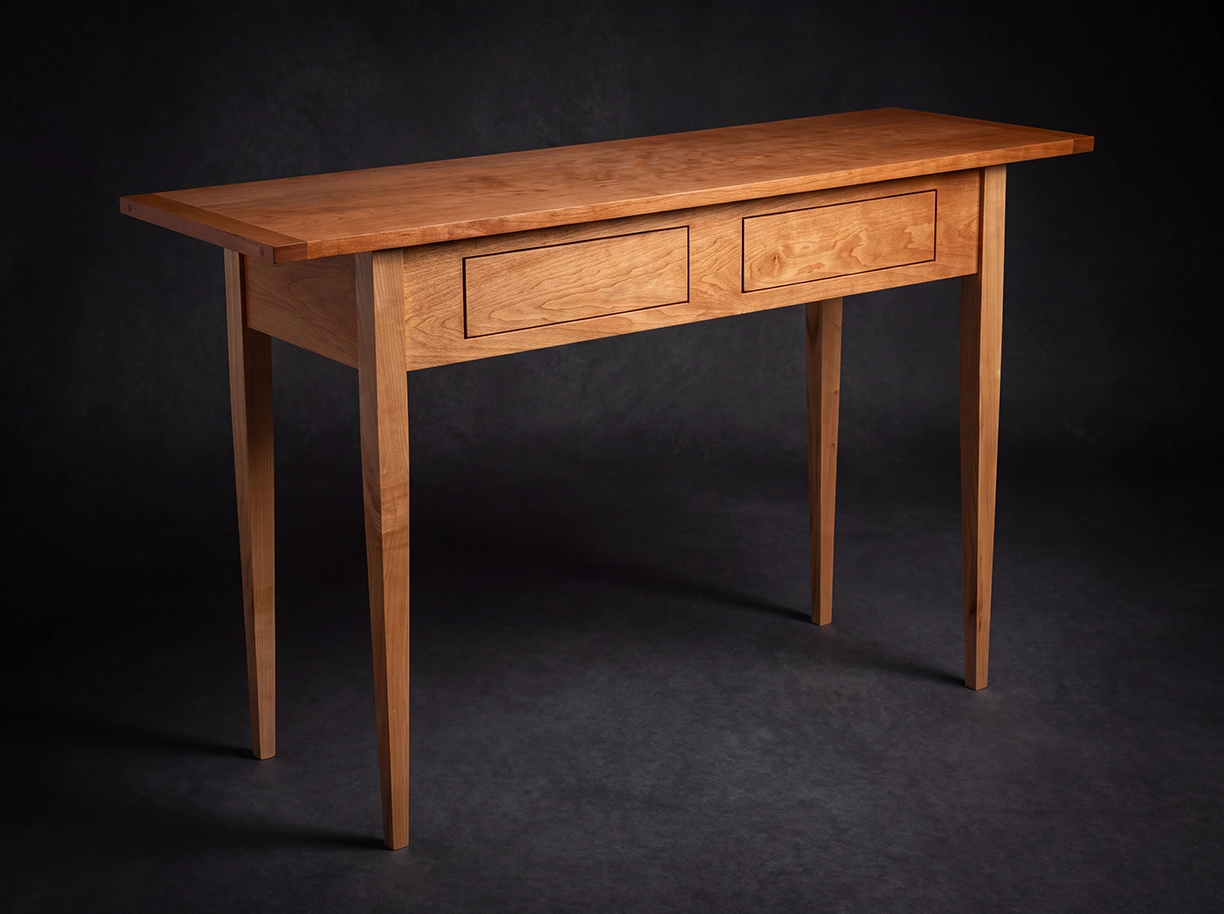 Cherry and maple console table with drawers